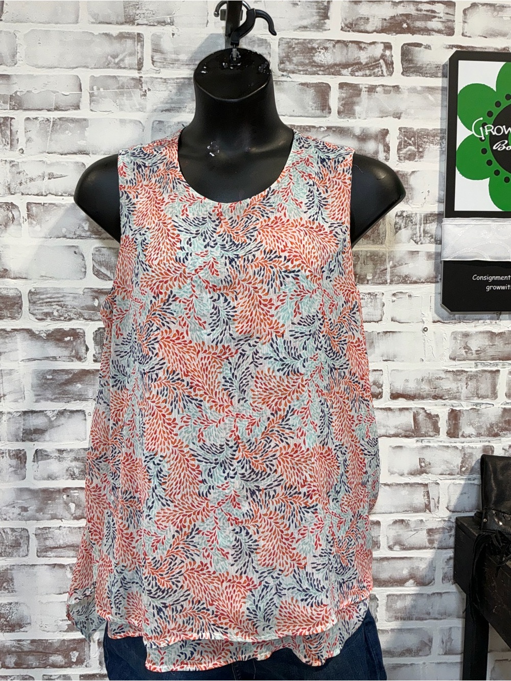 Fever Coral, Light Blue & Navy Leaf-Print Sleeveless Blouse